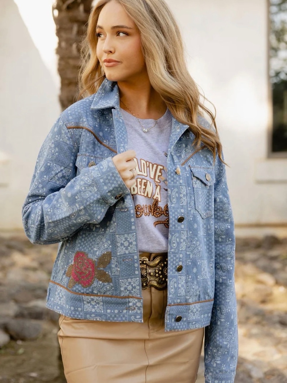 NWT Rodeo Quincy RQ in Bloom Blue Paisley Denim Jacket with Rose Embroidery
